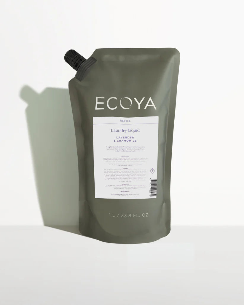 Ecoya Lavender and Chamomile laundry liquid refill pouch, 1 litre, on a plain background