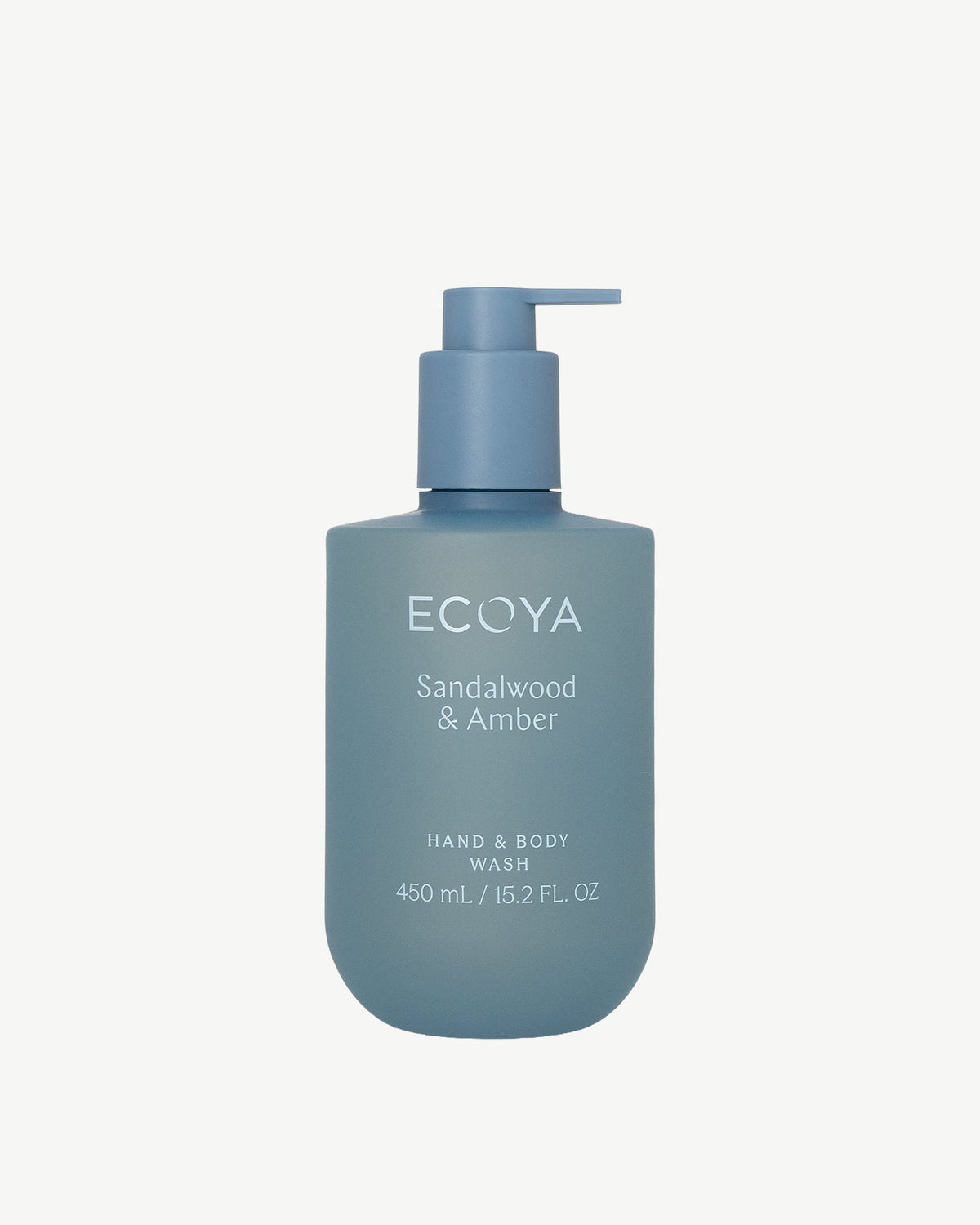 Ecoya Sandalwood & Amber Hand & Body Wash 450ml bottle in slate blue, front view