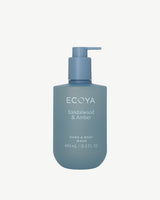Ecoya Sandalwood & Amber Hand & Body Wash 450ml bottle in slate blue, front view