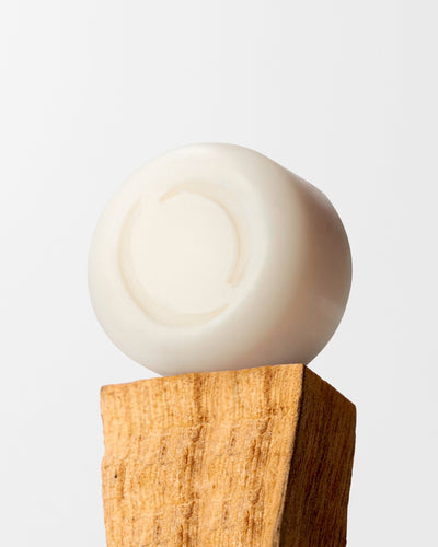 ECOYA Soy Wax Melt ceramic disc balanced on a natural timber block on a neutral background.