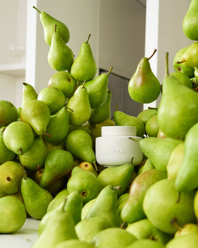 ECOYA French Pear Soy Wax Melter styled among fresh green Queensland pears referencing the French Pear fragrance.
