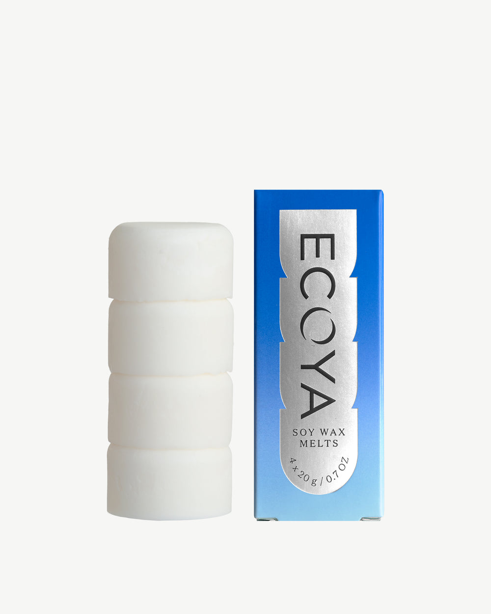 ECOYA Sandalwood & Amber Soy Wax Melt blue box packaging with Electric Wax Melter on a white background.