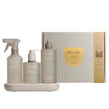 Ecoya Tahitian Lime & Grapefruit Kitchen Gift Set: hand wash, dish wash and surface spray on a ceramic tray beside the gift box