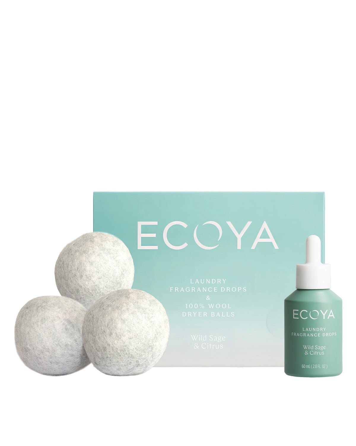Ecoya Wild Sage and Citrus dryer ball set with New Zealand wool balls, fragrance drops and packaging