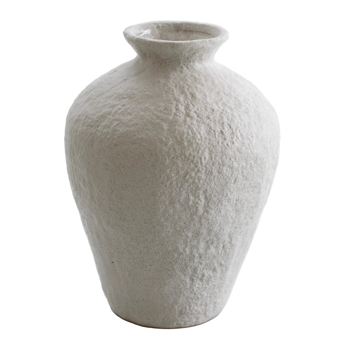 Lyra white sculptural vase with a matte stone-look texture, front view on white
