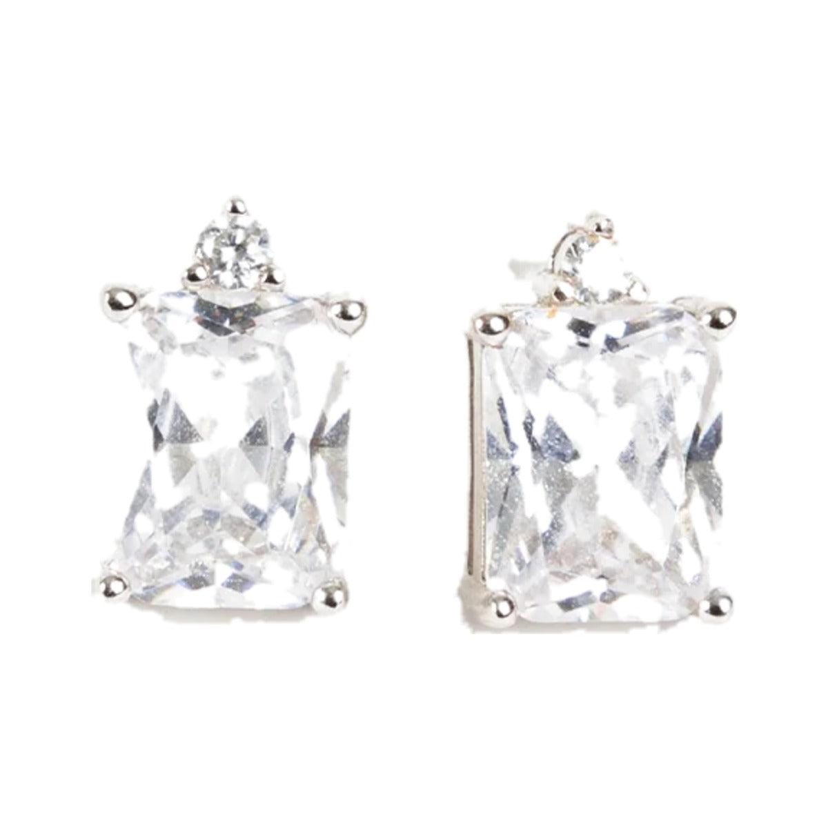Emerald Cut Stud earrings by Federation, rectangular clear crystals in silver claw settings, on white