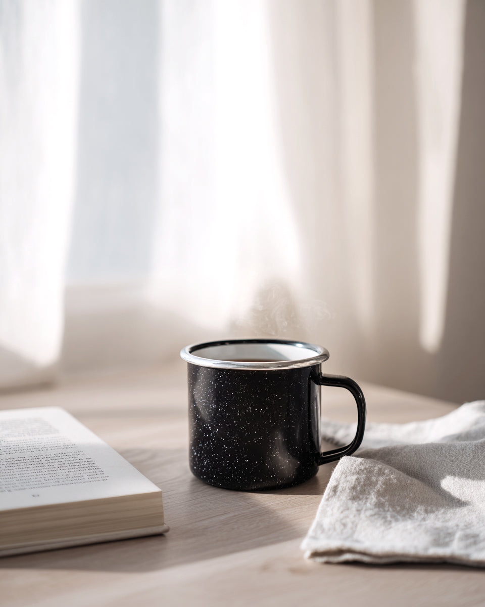 Speckled black enamel mug steaming on a pale timber table beside an open book and linen cloth