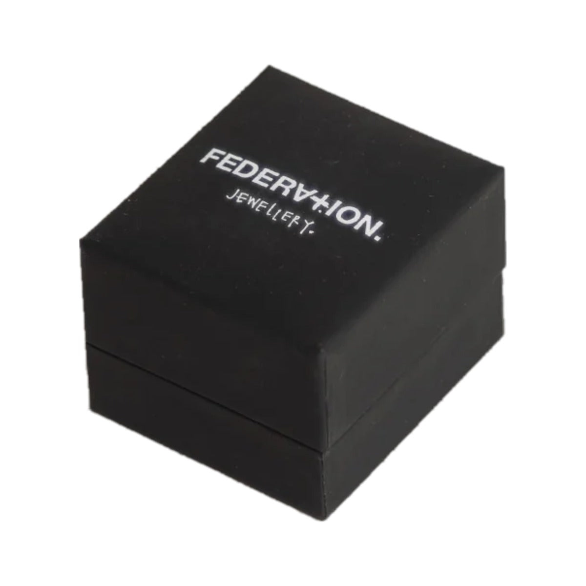 Black Federation jewellery box with white logo, lid closed, on a pale grey backdrop