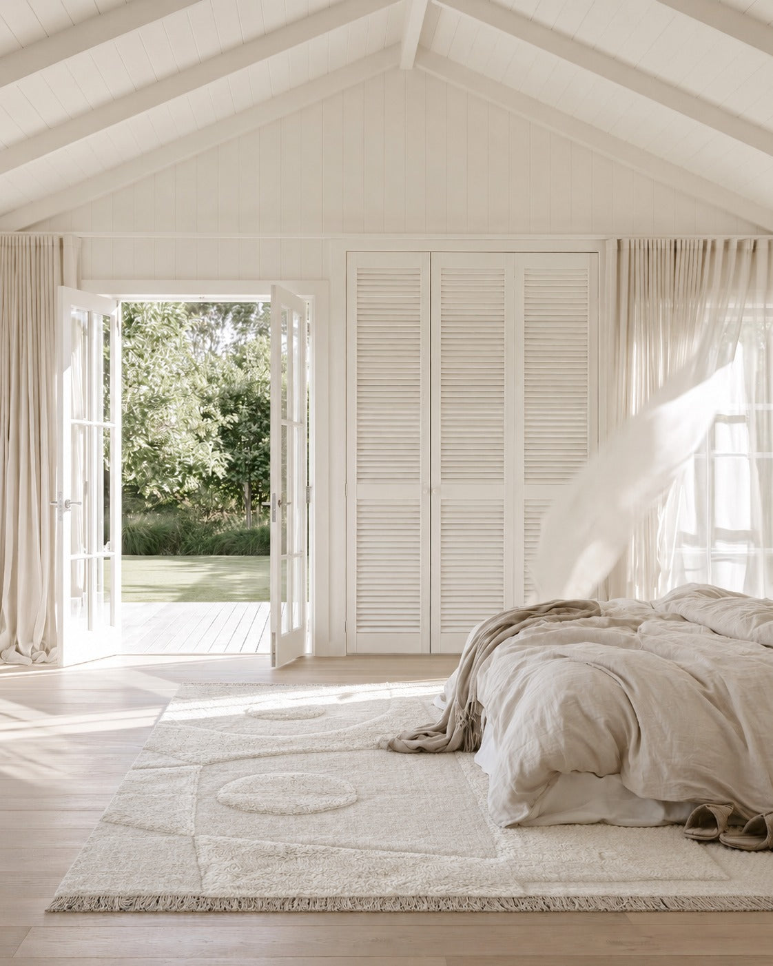 Ermitano Rug with fringed end under a linen dressed bed in a white bedroom with louvre wardrobe doors