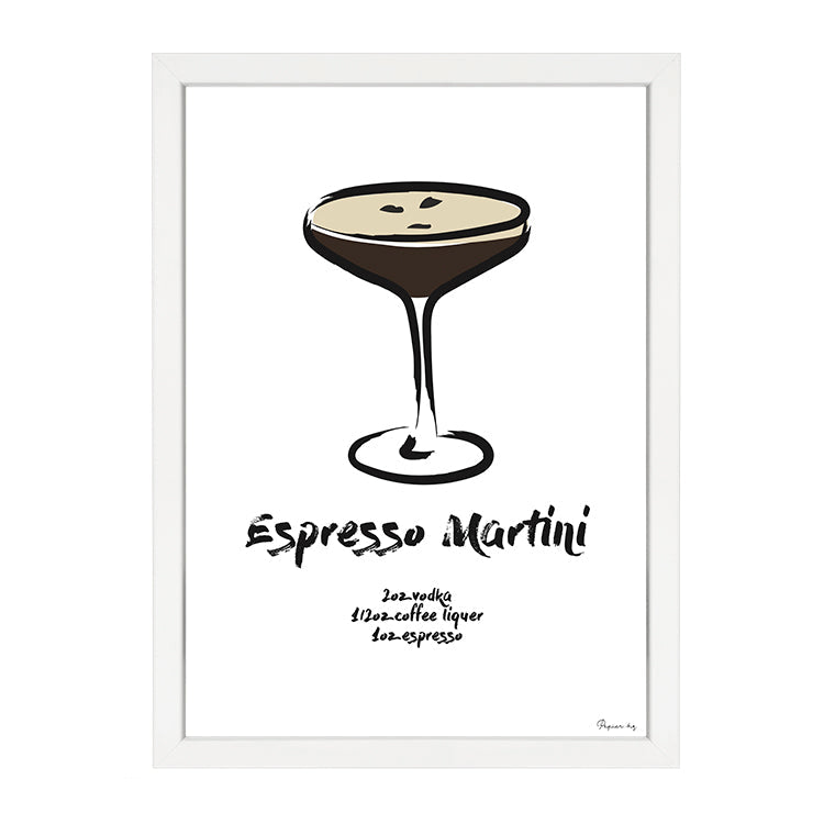 Espresso Martini Print by Papier HQ in a white frame, hand-painted espresso martini coupe with crema, coffee beans and recipe
