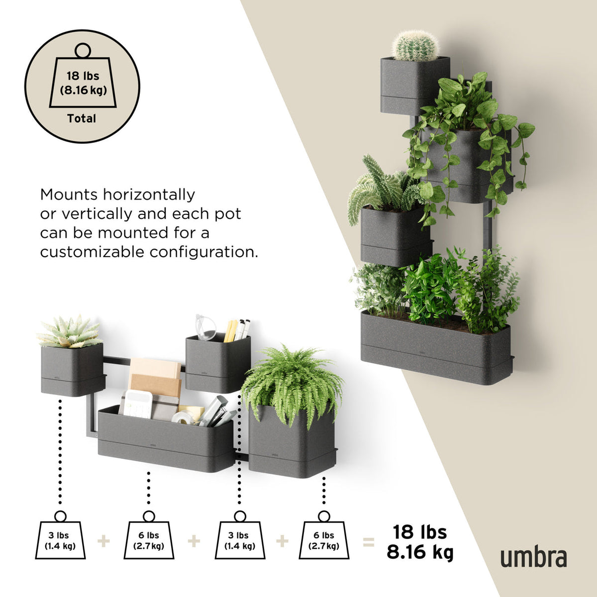 Umbra Cubiko wall planter mounted vertically and horizontally, holding up to 8.16kg