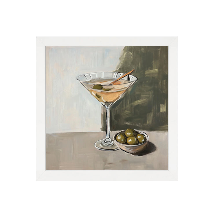 Extra Dirty Print by Papier HQ in a white square frame, painterly dirty martini with a dish of green olives