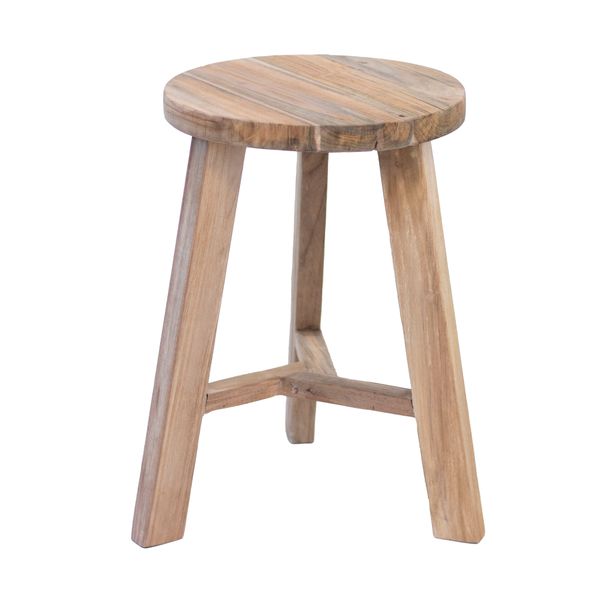Reclaimed teak tripod stool in natural timber, a round plank seat on three braced legs