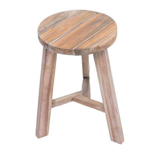 Natural teak tripod stool photographed at an angle against a white background