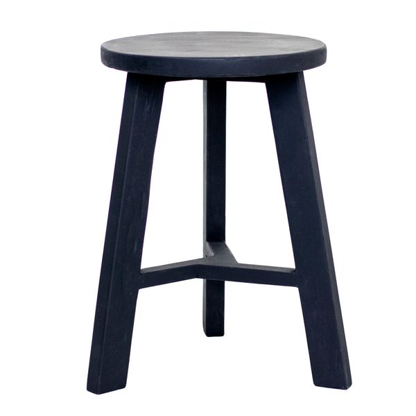 Black tripod stool seen straight on, the seat sitting level above the braces