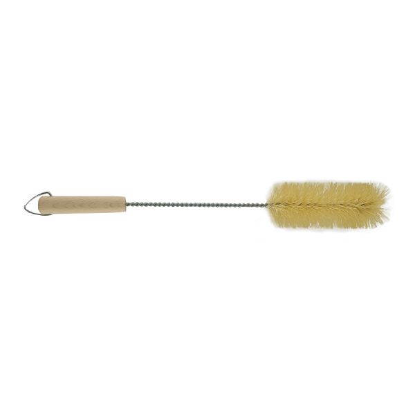 Long bottle brush with a wooden handle and tampico fibre head, on white