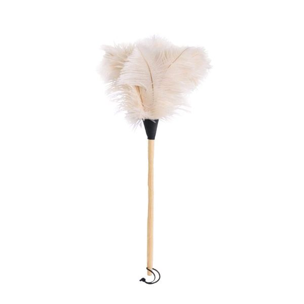 A Florence OSTRICH FEATHER DUSTER 44CM - WHITE - BLACK CUFF with a beech handle.