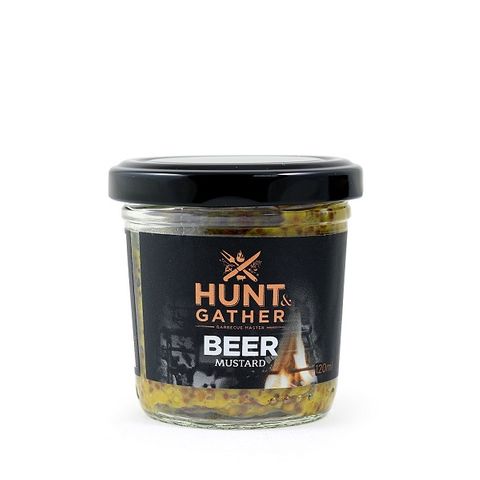 Hunt and Gather BBQ Beer Mustard in a jar on a white background.