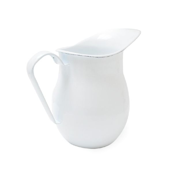 White enamel water jug with a curved handle, on white