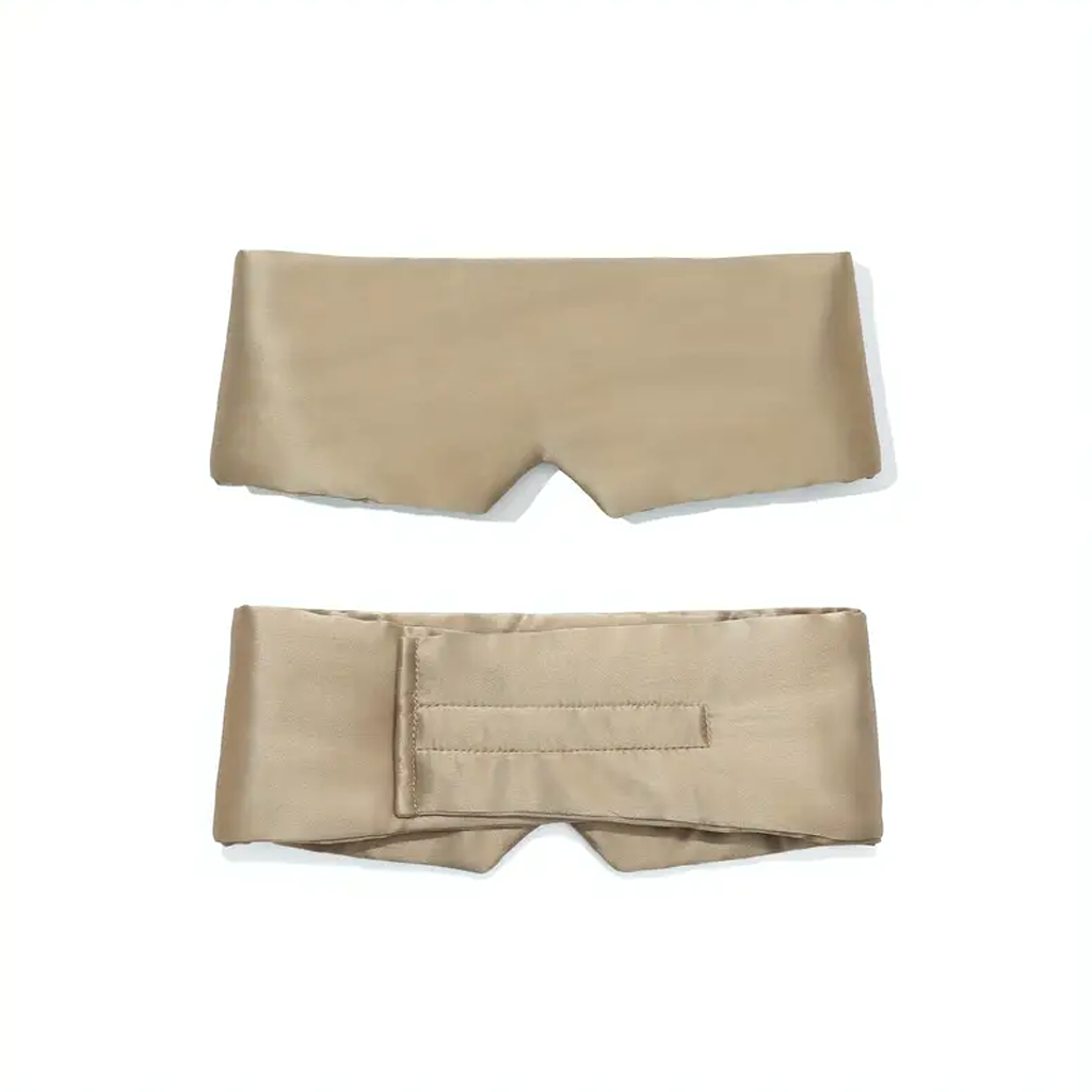 Mulberry silk eye mask in taupe, front and back shown on a plain background