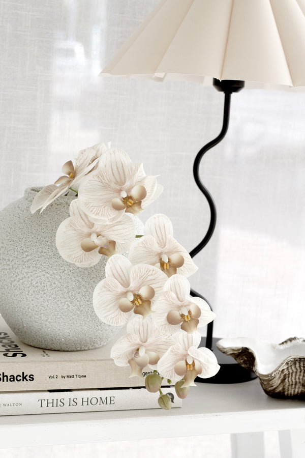 Faux Phalaenopsis Orchid Stem with Real Touch petals in neutral beige tones styled in ceramic vase