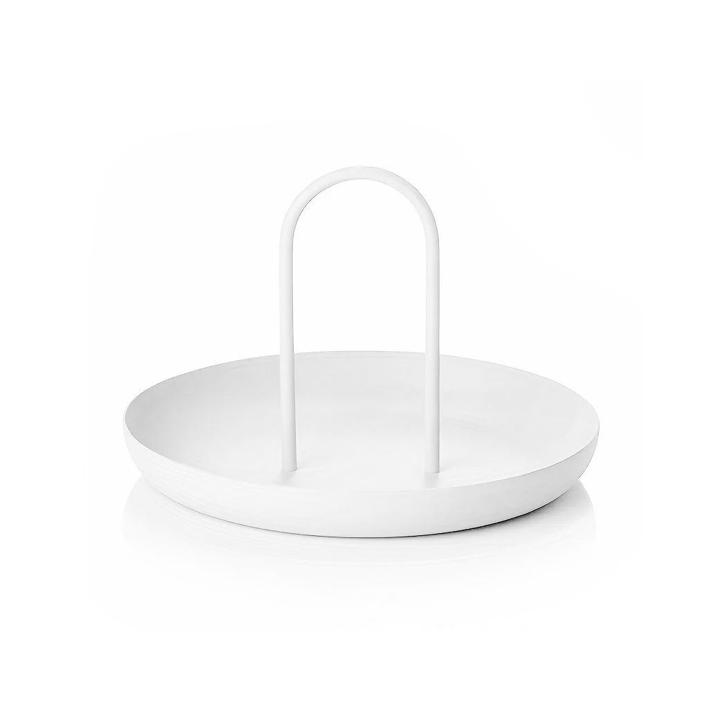 White FIKA round display tray with a tall arched carry handle, shown against a plain white background