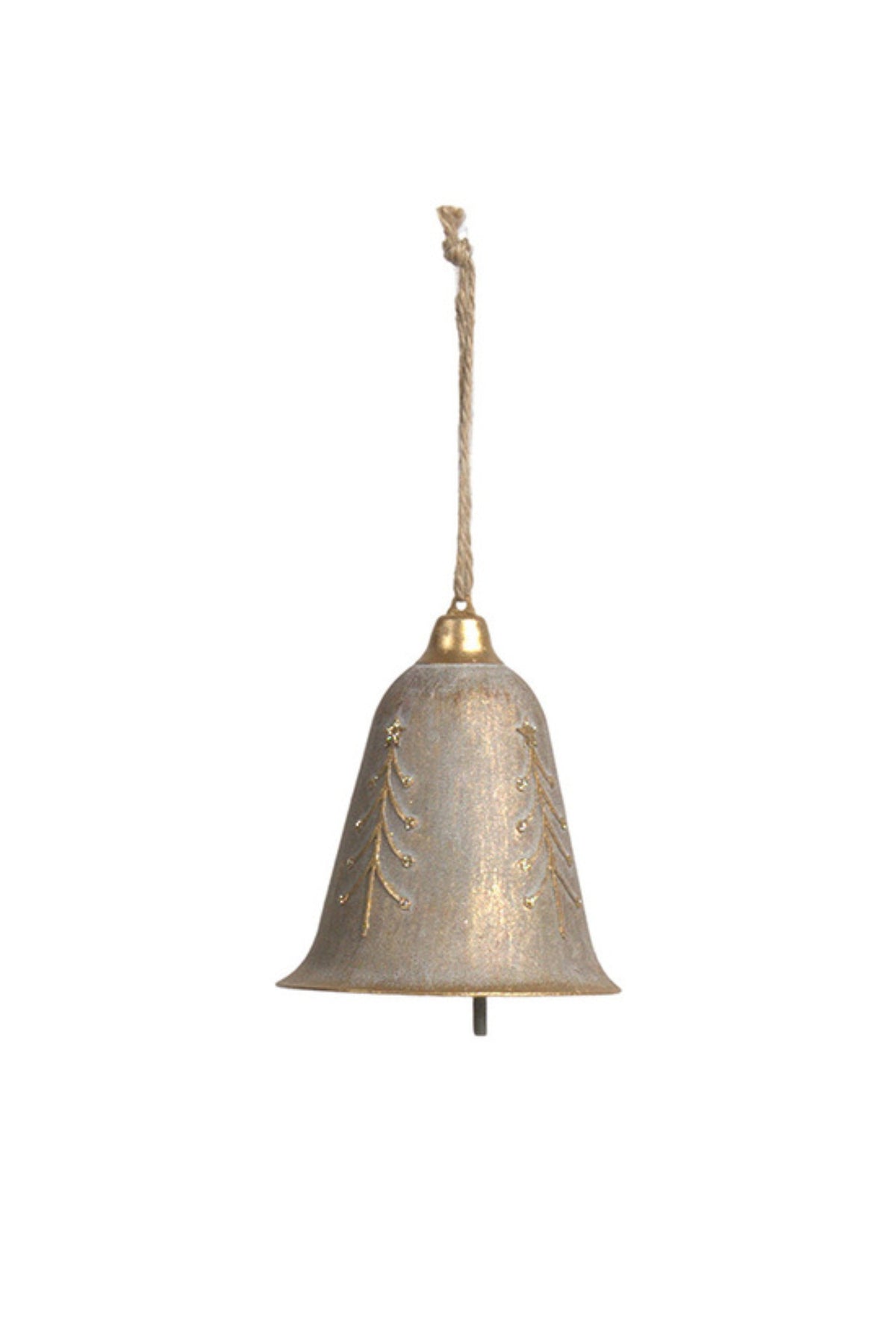 Small brushed champagne metal filigree bell Christmas tree decoration on a twine loop