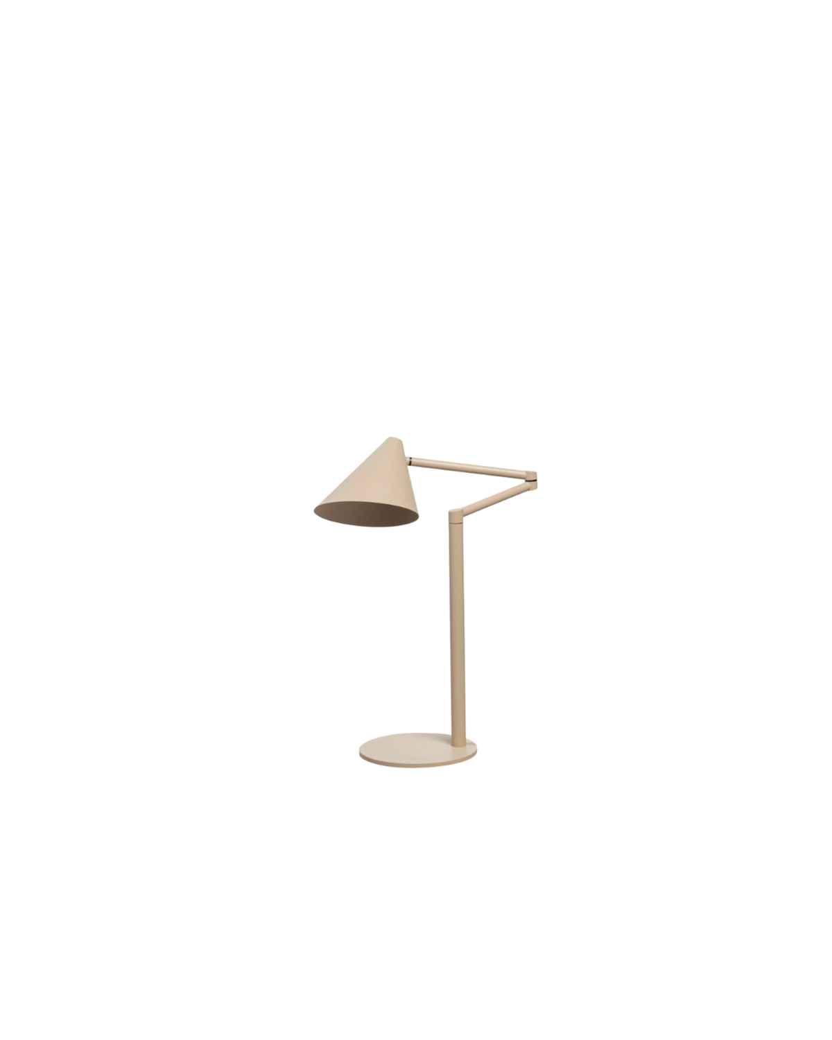 Finn Table Lamp by Ned Collections in Oat, conical shade on a jointed arm with a round base, on white