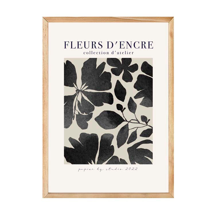 Fleurs d'Encre Print Black by Papier HQ in a natural timber frame