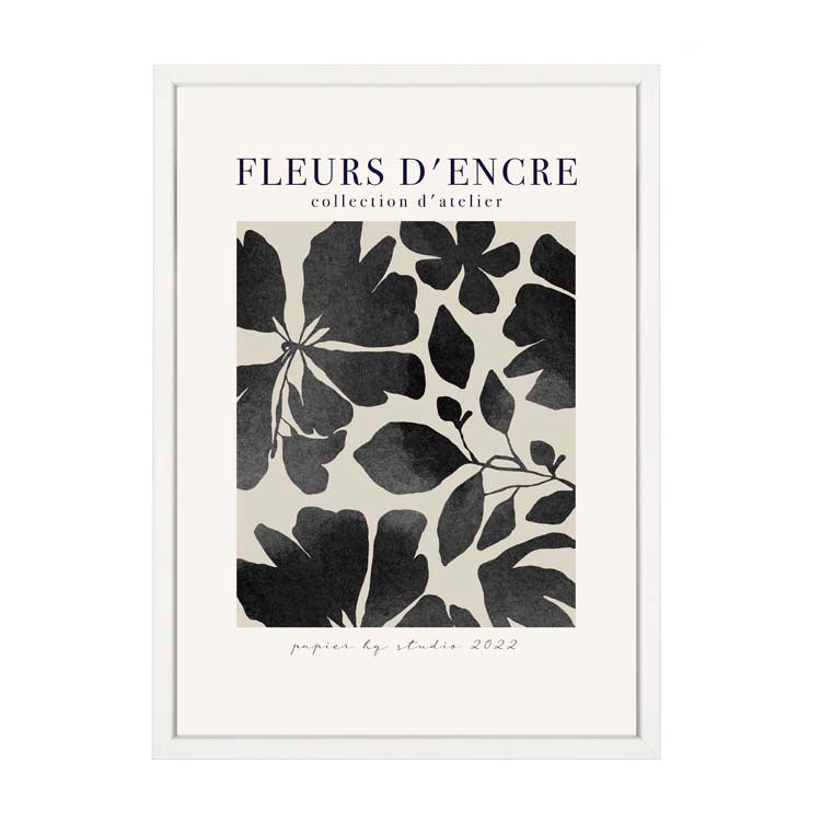 Fleurs d'Encre Print Black by Papier HQ in a matte white frame