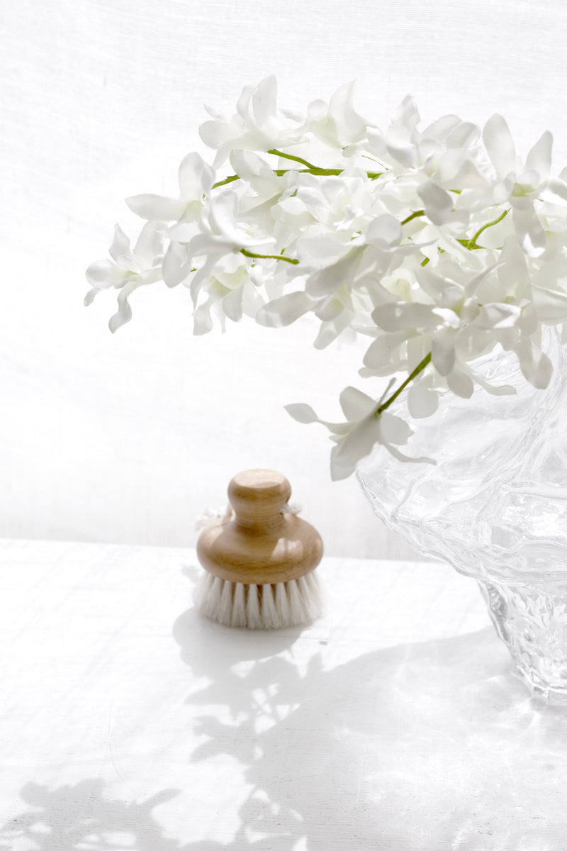 Natural goat bristle face brush beside clear glass vase and white florals in bright, minimalist light.