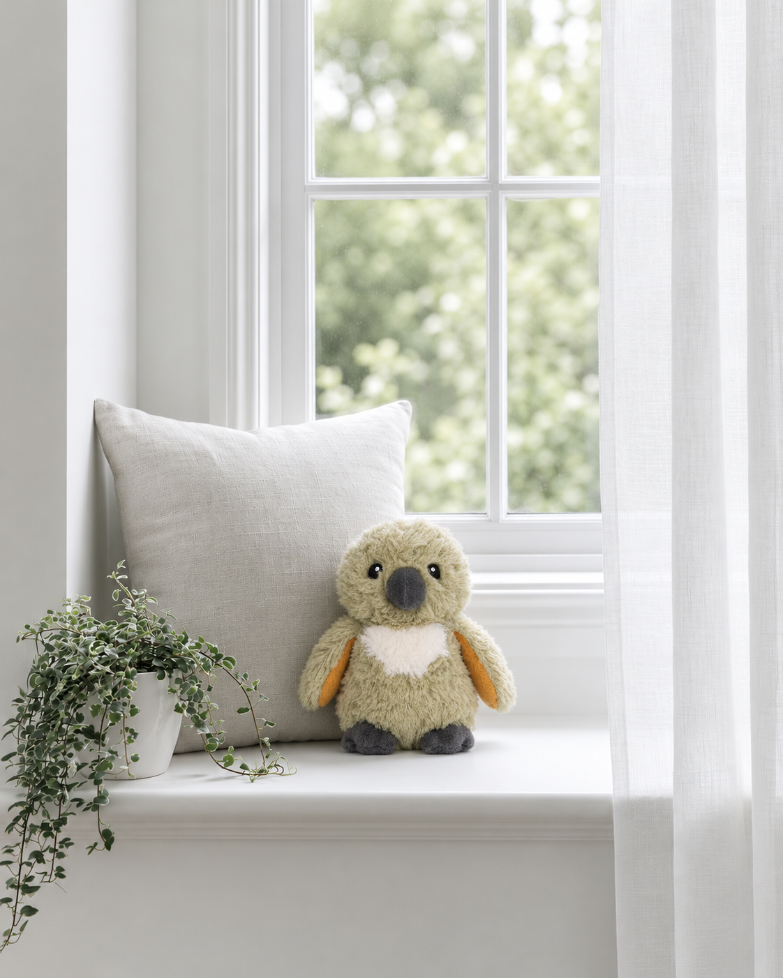 Kip the Kea soft toy by Lily & George sitting on a grey cushion on a white nursery windowsill