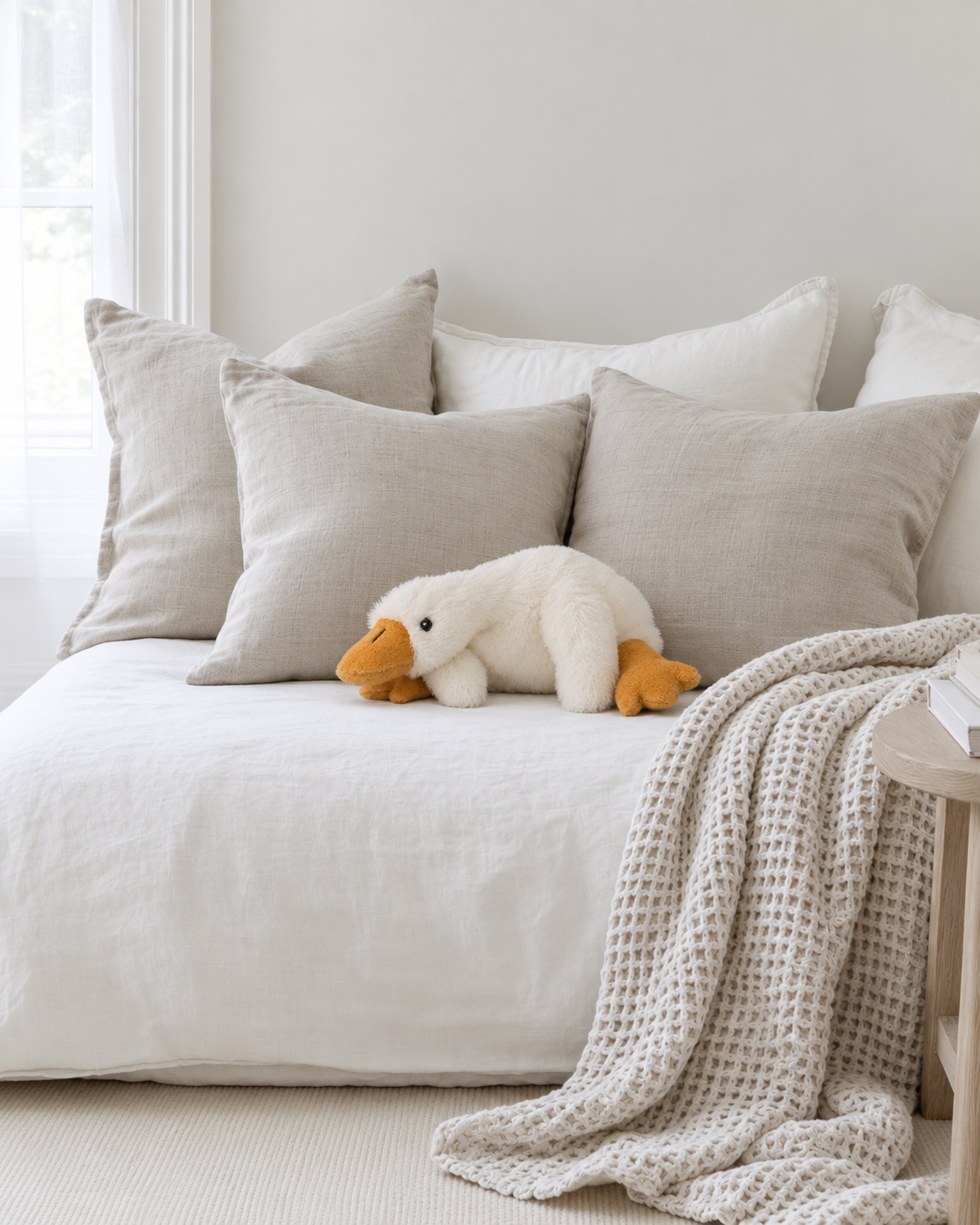 Millie the Goose soft toy by Lily & George lying on a white linen daybed against soft cushions