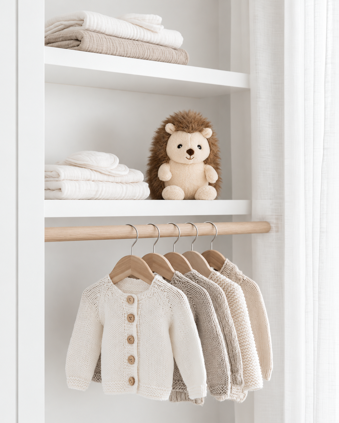 Hugo the Hedgehog mini soft toy by Lily & George sitting on a white wardrobe shelf above hanging baby knits