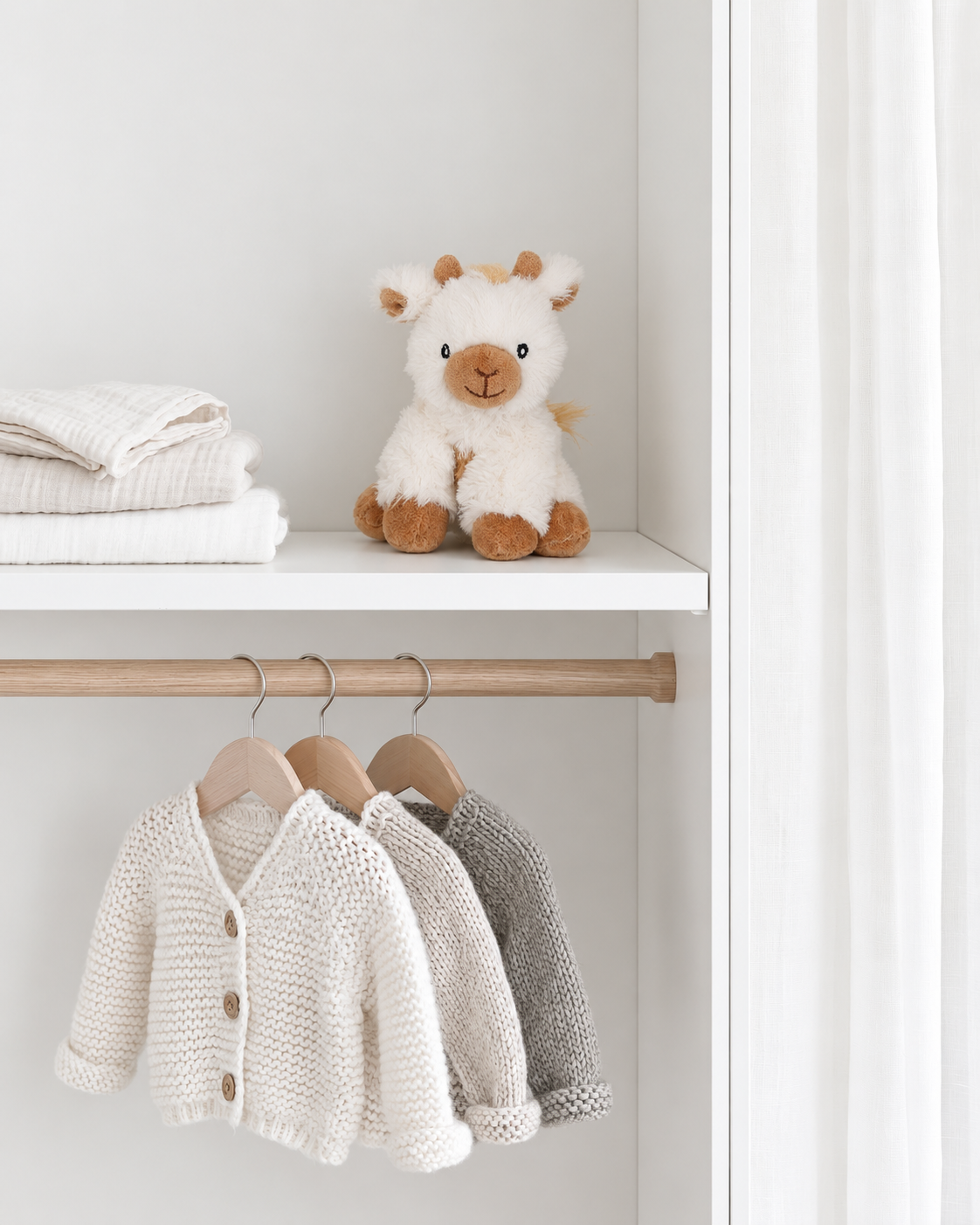 Juno the Giraffe mini soft toy by Lily & George sitting on a white wardrobe shelf beside folded baby blankets