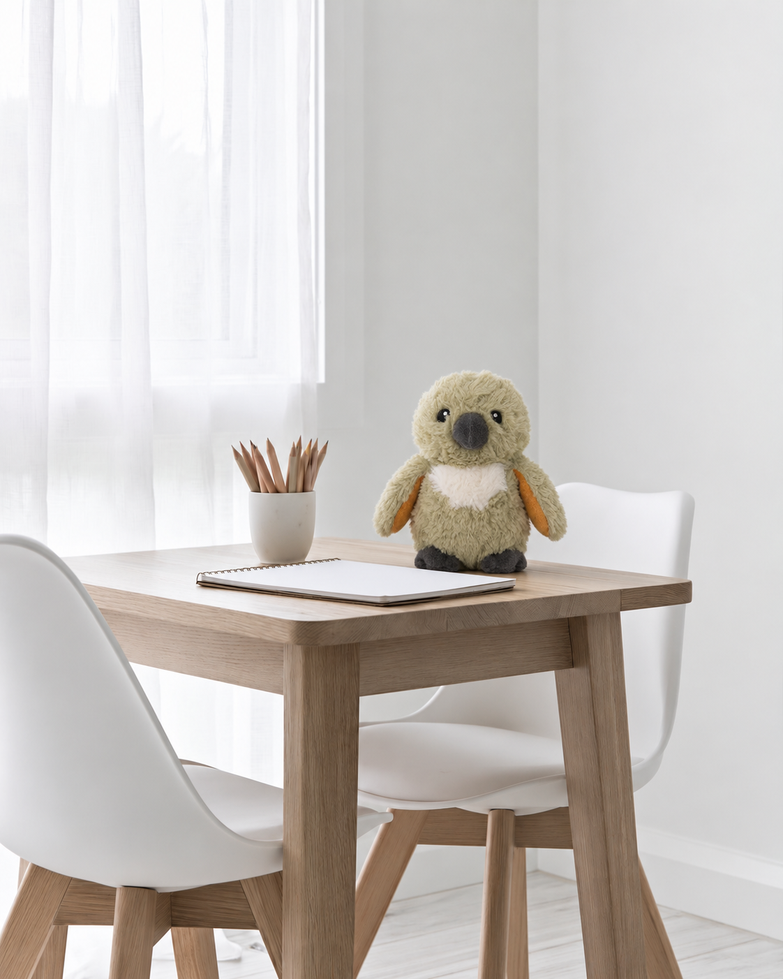 Kip the Kea soft toy by Lily & George sitting on a small oak children's desk beside a sketchbook and pencils