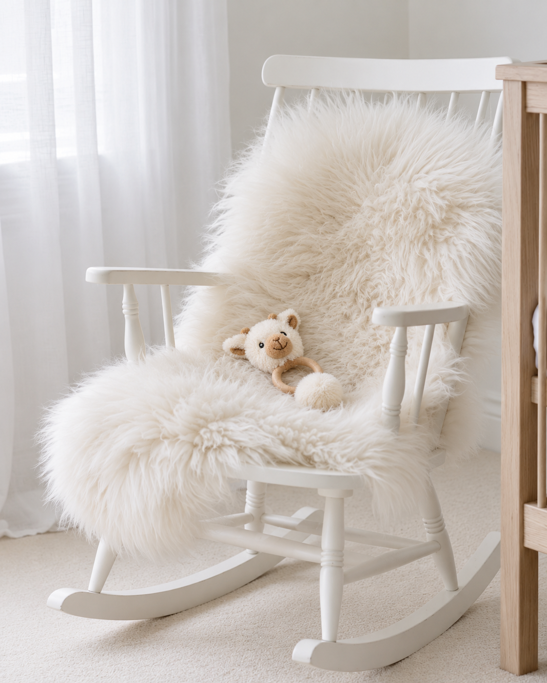Juno the Giraffe baby teether by Lily & George resting on a sheepskin on a white nursery rocking chair