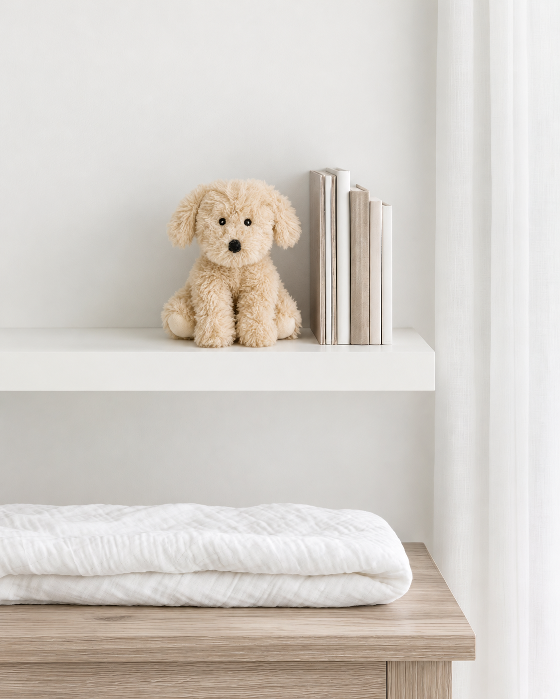 Milo the Puppy mini soft toy by Lily & George sitting on a white floating shelf beside a row of books