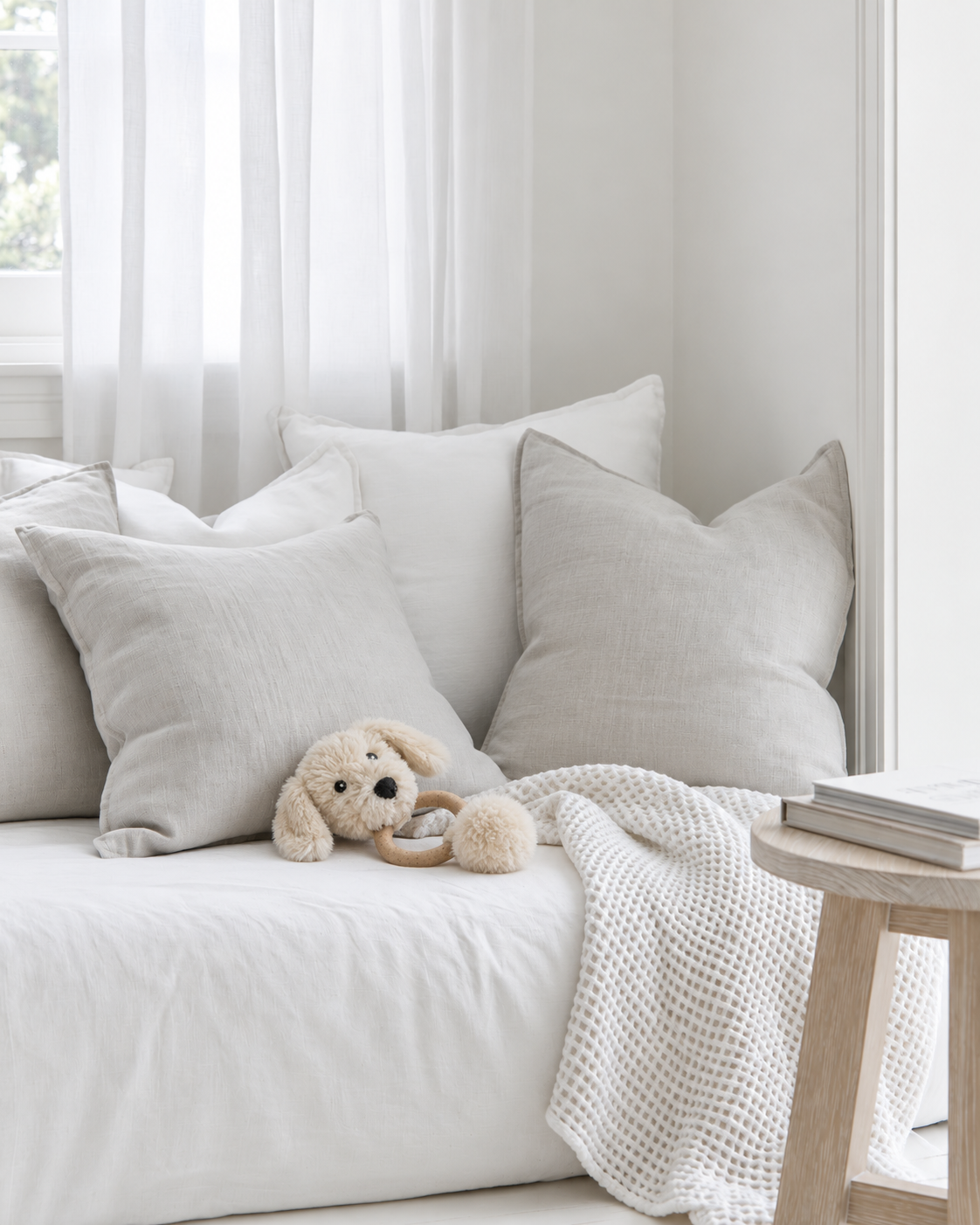 Milo the Puppy baby teether by Lily & George lying on a white linen daybed against soft cushions