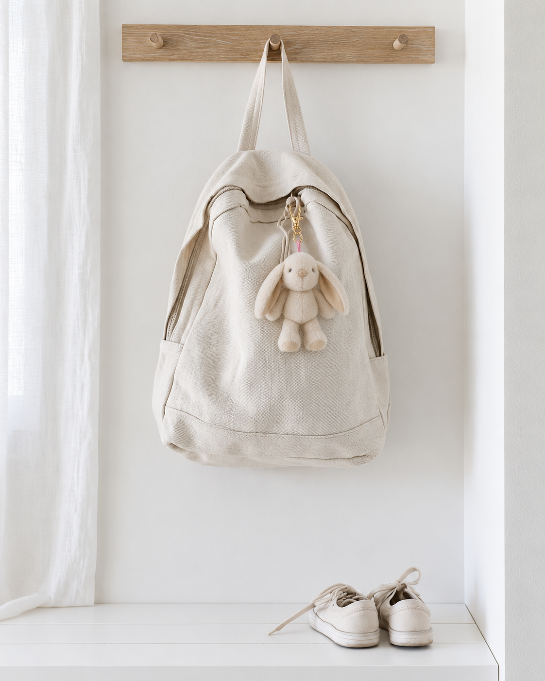 Littlefoot Bunny bag charm in Biscuit by Lily & George clipped to a linen backpack hanging on a timber peg rail