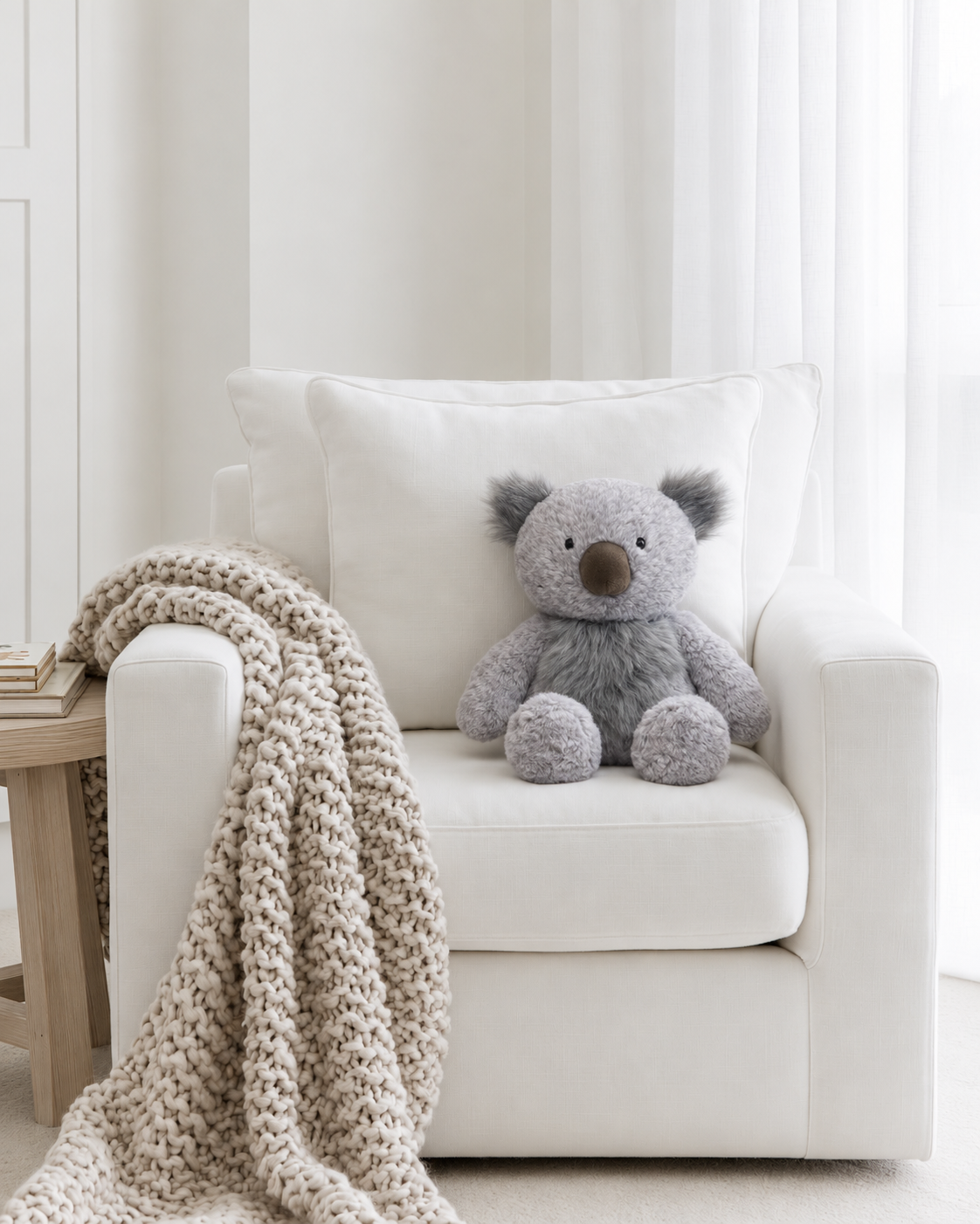 Kenny Koala soft toy by Lily & George sitting in a white armchair with a chunky knit throw