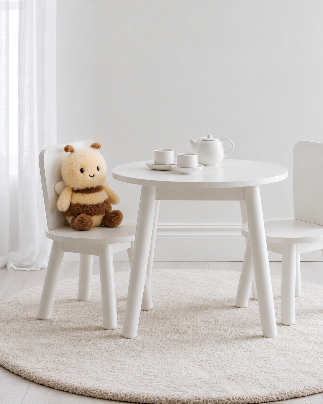 George the Bee soft toy by Lily & George sitting on a white children's chair at a tea party table