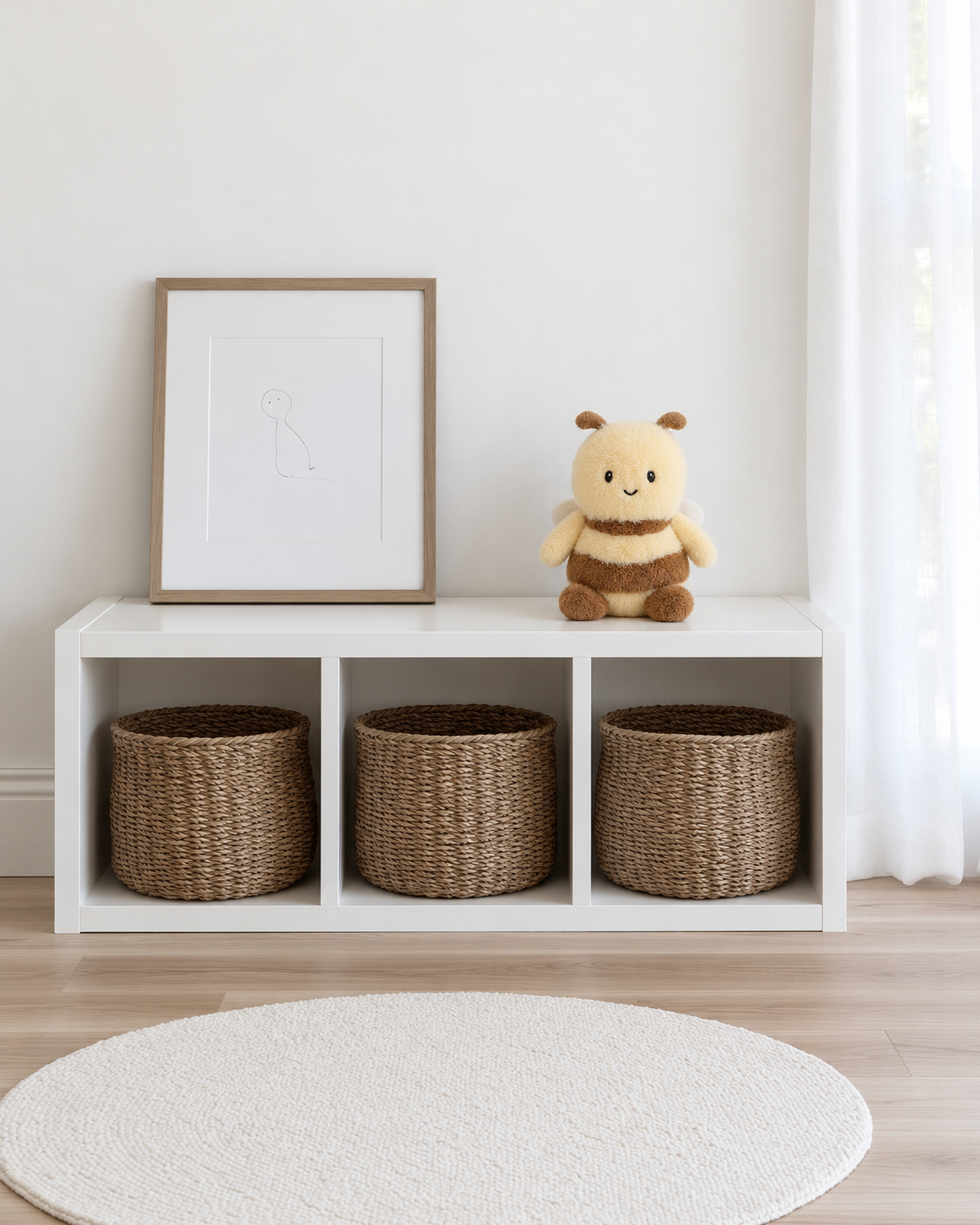 George the Bee soft toy by Lily & George sitting on a white cube storage unit with woven baskets in a calm kids room