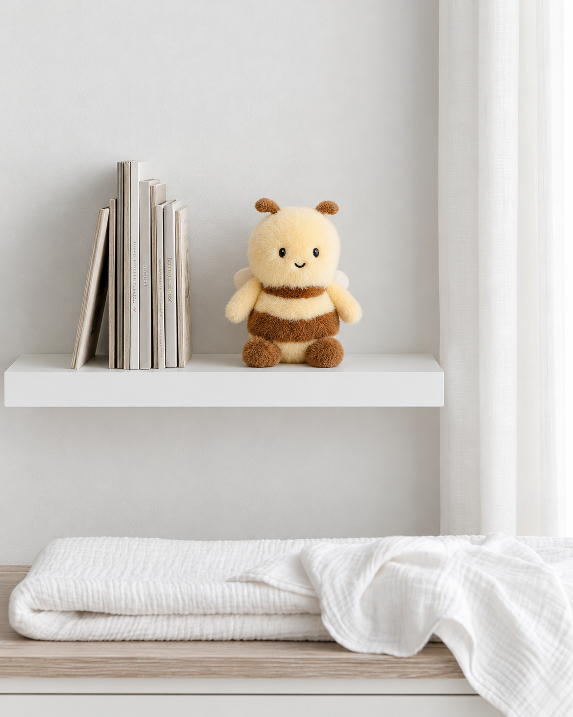 George the Bee mini soft toy by Lily & George sitting on a white floating shelf beside a row of books