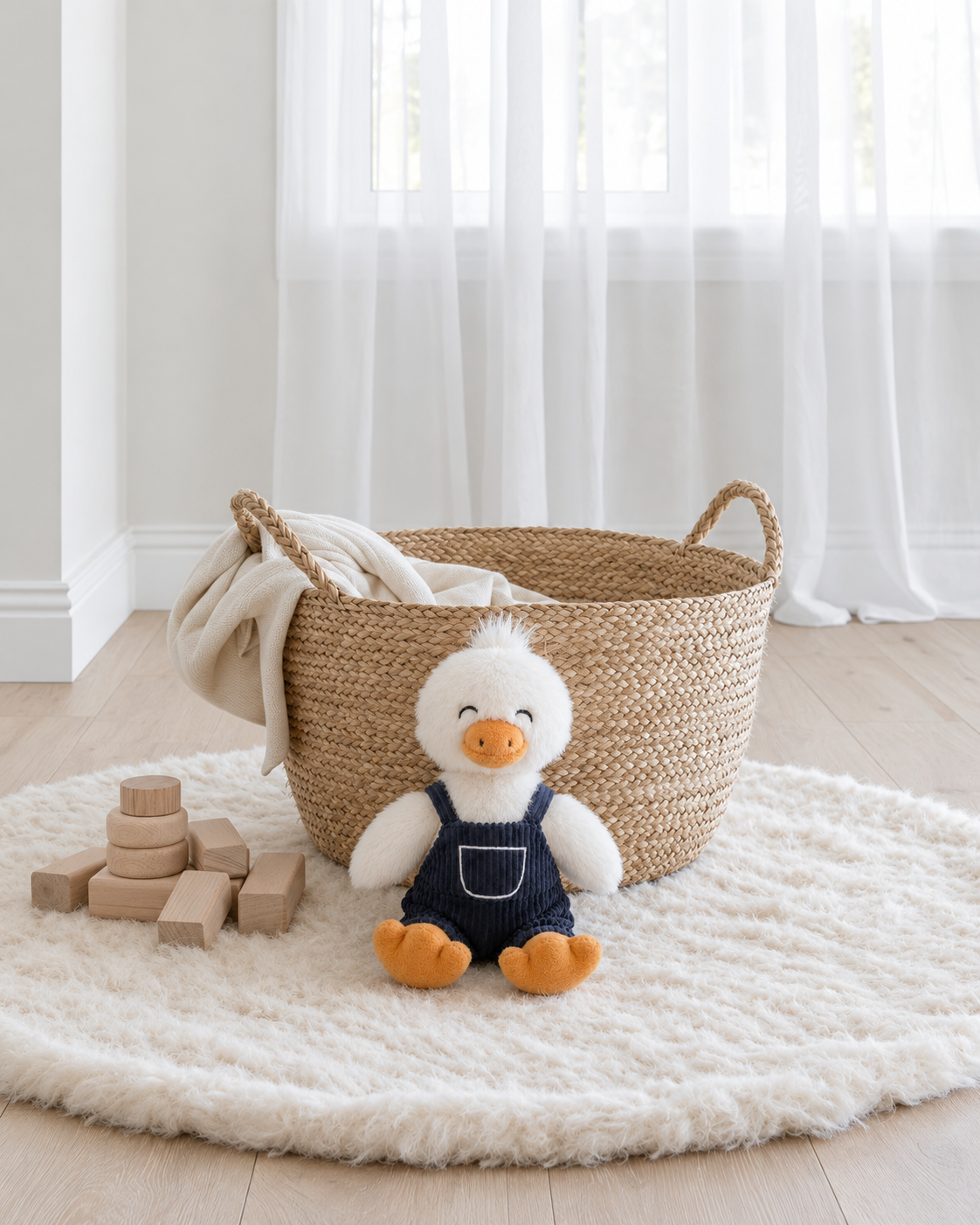 Willow the Duck soft toy by Lily & George sitting on a fluffy round rug beside a woven basket and wooden blocks