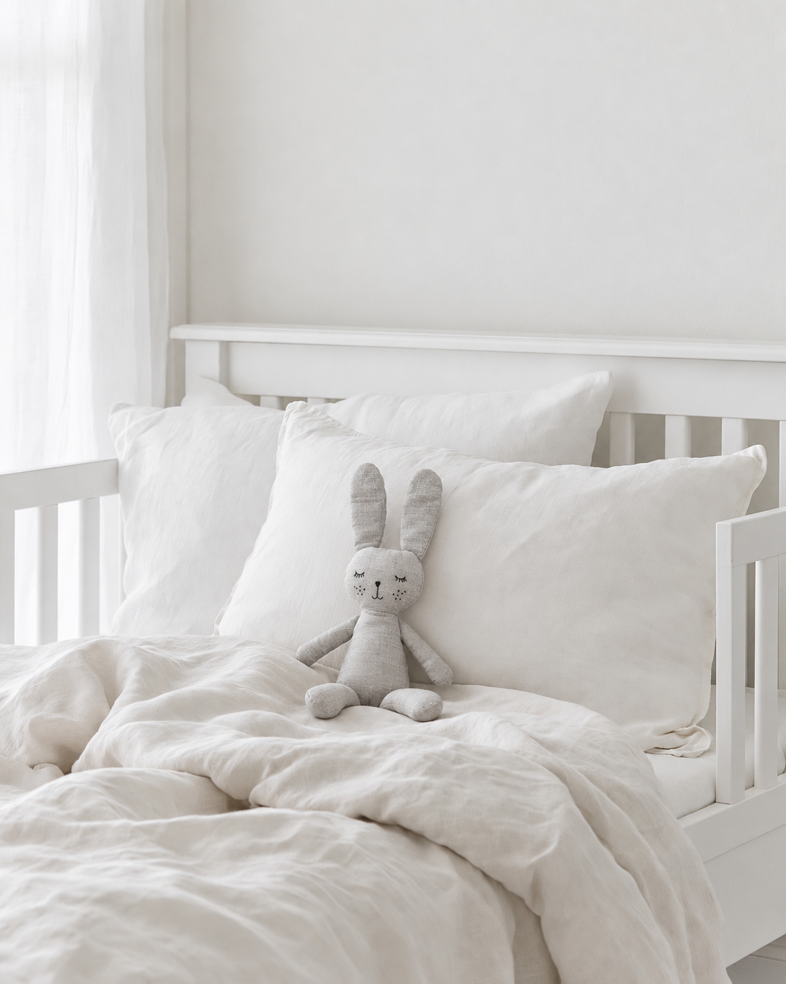 Grey the Bunny soft toy by Lily & George sitting against linen pillows on a child's bed