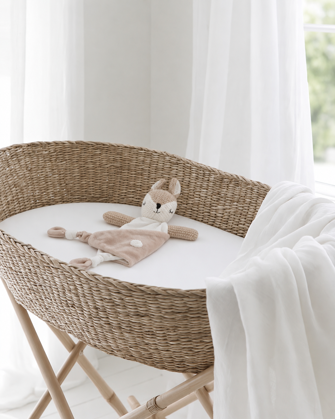 Wild Ones Deer Baby Comforter by Lily & George lying on the sheet in a woven moses basket