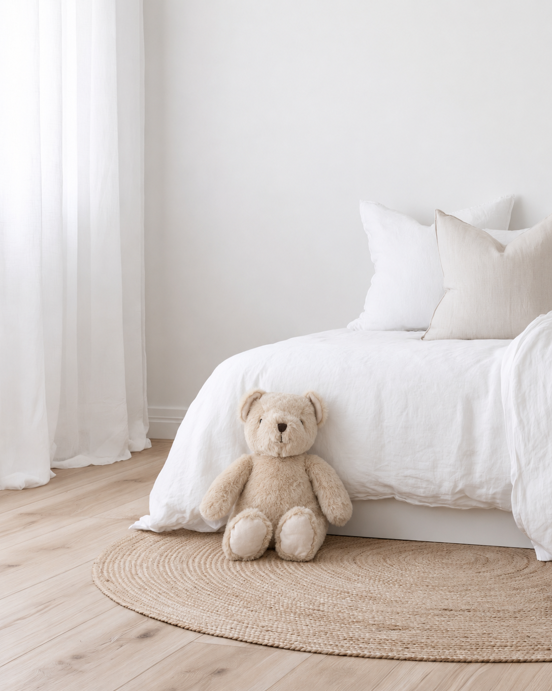 Flopsy Bear in Fawn soft toy by Lily & George sitting on a jute rug against a white bed