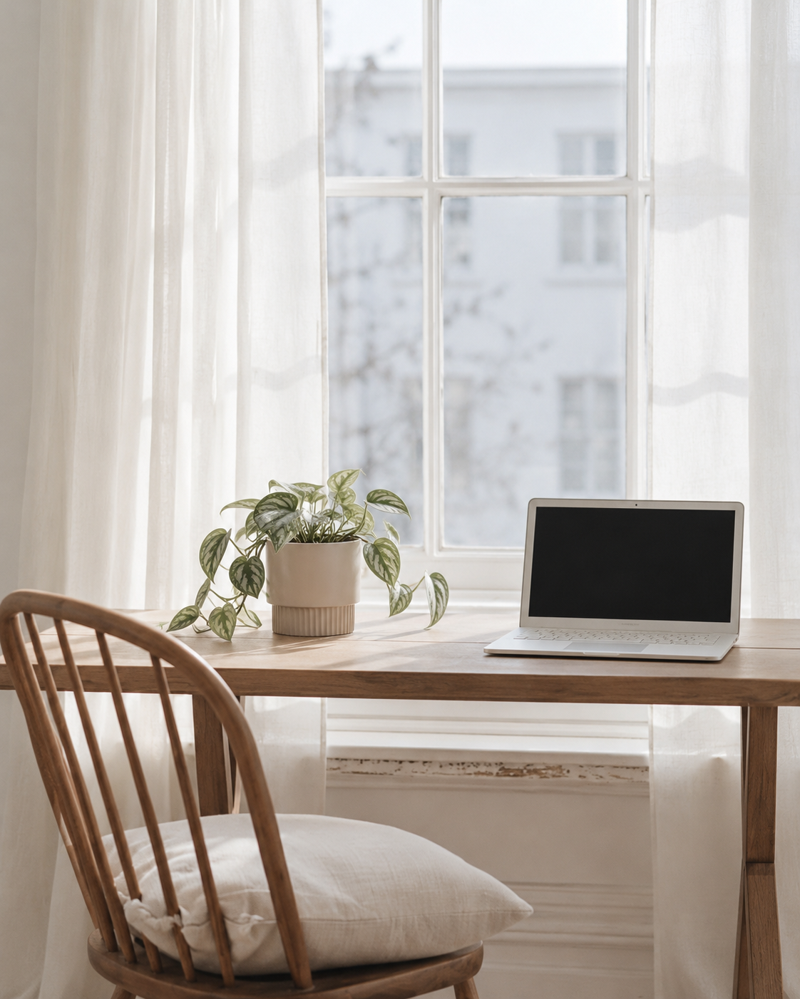 Edgar taupe fluted planter with a silver leaf plant on a writing desk by the window