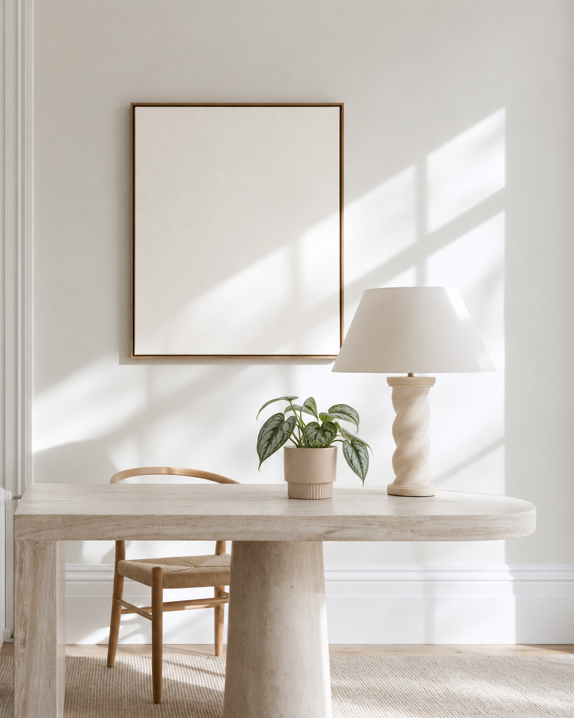 Edgar taupe fluted planter with a silver leaf plant on a stone desk beside a lamp